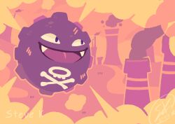  artist_name commentary dated english_commentary fangs floating full_body gas highres koffing no_humans open_mouth outdoors path pokemon pokemon_(creature) pokemon_focus signature skull_and_crossbones smile smokestack solo stevedoodled violet_eyes 
