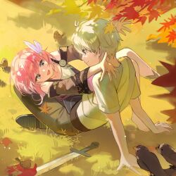  1boy 1girl aged_down ahoge autumn_leaves bird blonde_hair blue_eyes branch close-up closed_mouth commentary couple cropped cyrene_(honkai:_star_rail) cyrene_(philia093)_(honkai:_star_rail) detached_sleeves grass hair_between_eyes happy highres honkai:_star_rail honkai_(series) leaf leaning_back leaning_forward leaning_on_person leaning_to_the_side light_smile long_sleeves looking_at_another looking_down looking_to_the_side looking_up multicolored_eyes official_alternate_costume on_ground open_mouth outdoors phainon_(a_dream_scented_in_wheat)_(honkai:_star_rail) phainon_(honkai:_star_rail) pink_hair sa_mhe short_sleeves sitting smile sword untranslatable_commentary weapon wide_sleeves 