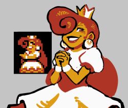  1girl 8-bit bryce_carrington colored_skin crown dress earrings gold_crown grin hair_over_one_eye jewelry limited_palette lipstick long_hair looking_at_viewer makeup meme official_alternate_color orange_skin pixel_art pointed_crown princess princess_peach princess_toadstool_redraw_(meme) puffy_short_sleeves puffy_sleeves red_eyes red_hair red_lips short_sleeves smile solo sphere_earrings sprite super_mario_bros. super_mario_bros._1 white_dress 