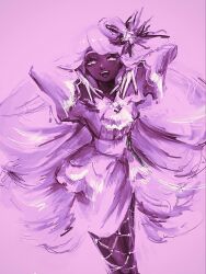  1girl ascot dark-skinned_female dark_skin dress fishnet_pantyhose fishnets frilled_ascot frills glove_bow highres jacinthe_(pokemon) juliet_sleeves katahara_(no_108105) long_braid long_sleeves low_drills pantyhose pokemon pokemon_legends:_z-a puffy_sleeves purple_dress solo very_dark_skin 