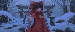  1girl absurdres ascot bare_tree blush bow brown_eyes brown_hair cape commentary frilled_bow frilled_hair_tubes frills goback hair_bow hair_tubes hakurei_reimu highres long_hair looking_at_viewer outdoors reaching reaching_towards_viewer red_bow red_cape red_scarf red_skirt ribbon-trimmed_sleeves ribbon_trim romaji_commentary scarf skirt skirt_set snow snowing solo stairs stone_lantern torii touhou tree winter winter_clothes yellow_ascot 