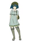  arms_behind_back bag blue_eyes blue_hair boots casual contemporary dress hat kawashiro_nitori key kitsune_(kazenouta) rubber_boots short_hair smile solo standing thigh_boots thighhighs touhou twintails 