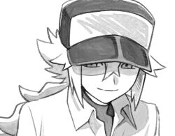  1boy closed_mouth collared_shirt commentary_request greyscale hair_between_eyes hat hitotose_rinne long_hair male_focus monochrome n_(pokemon) pokemon pokemon_black_and_white shirt sidelocks smile solo undershirt upper_body 