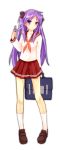  :&lt; arm_behind_back bad_id bag frown hair_ribbon hair_twirling hiiragi_kagami ld_(bearbellld) long_hair lucky_star nervous pleated_skirt purple_eyes purple_hair ribbon school_bag school_uniform serafuku simple_background skirt solo tsurime twintails violet_eyes 