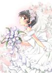  1girl black_hair bouquet bridal_veil bride brown_eyes chize dress flower gloves head_wreath highres short_hair to_aru_kagaku_no_railgun to_aru_majutsu_no_index uiharu_kazari veil wedding_dress 