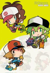  baseball_cap brown_pants chibi green_hair hat highres hilbert_(pokemon) hilda_(pokemon) holding holding_poke_ball kiakamaras multiple_boys n_(pokemon) oshawott pants poke_ball poke_ball_(basic) poke_ball_print pokemon pokemon_(creature) pokemon_black_and_white snivy starter_pokemon_trio tepig undershirt void_cube wristband 