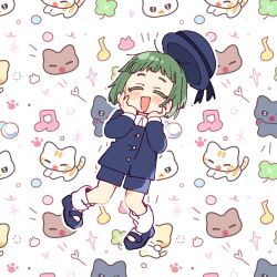  1girl blue_hat blue_jacket blue_shoes blue_shorts blunt_bangs bob_cut cat chibi closed_eyes clover collared_shirt four-leaf_clover green_hair hands_on_own_face hat hat_ribbon highres jacket long_sleeves loose_socks mary_janes milgram mlml_jmb momose_amane musical_note pigeon-toed ribbon school_uniform shirt shoes short_bangs short_hair shorts simple_background smile socks solo 