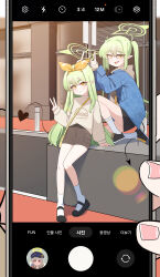  2girls absurdres aoba_(blue_archive) blue_archive blue_jacket blush cellphone commentary_request demon_tail denim denim_jacket green_hair hair_between_eyes hair_ribbon hairband halo highres hikari_(blue_archive) jacket korean_commentary long_hair long_sleeves looking_at_viewer mary_janes multiple_girls nozomi_(blue_archive) open_mouth phone pointy_ears ribbon shoes shorts sitting skirt smartphone smile socks squatting tail tangsuyook twintails v white_socks yellow_eyes yellow_ribbon 