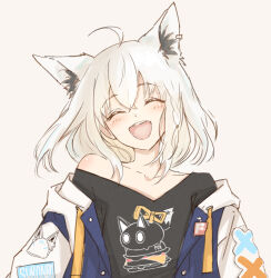  1girl ^_^ ahoge animal_ear_piercing animal_ears black_shirt blush braid closed_eyes commentary crossed_bangs english_commentary facing_viewer flat_chest fox_ears fox_girl happy head_tilt hololive jacket medium_hair nejima_kitsune_(shirakami_fubuki) non24873754 official_alternate_costume open_clothes open_jacket open_mouth shirakami_fubuki shirakami_fubuki_(loungewear) shirt simple_background single_braided_sidelock single_off_shoulder smile solo sukonbu_(shirakami_fubuki) t-shirt upper_body virtual_youtuber white_background white_hair white_jacket 