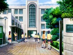  5boys 6+girls bag black_hair blazer blue_skirt blue_sky briefcase brown_hair building bush clouds day door from_behind fuuki_iinchou_seira game_asset holding holding_bag jacket kneehighs lamppost loafers long_hair long_sleeves multiple_boys multiple_girls non-web_source official_art outdoors pants pavement pleated_skirt road scenery school school_bag school_briefcase school_uniform self-datamine shoes short_hair sidewalk skirt sky socks standing street tree visual_novel_cg walking white_socks window yellow_jacket 