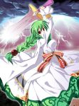  bow braid breasts cloud clouds dress glasses green_hair hair_ornament hairpin highres katachi_yumiyuri lightning long_hair philia_felice red_eyes ribbon solo sword tales_of_(series) tales_of_destiny weapon white_dress 
