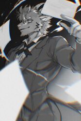  1boy animal_ears claws commentary_request fang flying_paper fructua_kk furry furry_male goat_boy goat_ears goat_horns greyscale highres horns looking_to_the_side male_focus mephistopheles_(housamo) monochrome open_mouth paper partially_colored smile tokyo_afterschool_summoners 