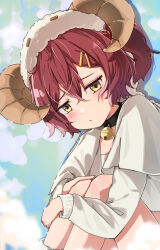  1girl alternate_costume animal_ear_hairband animal_ears aokaly bell blush closed_mouth fake_animal_ears hair_ornament hairband hairclip highres horns hugging_own_legs komari_chika long_sleeves make_heroine_ga_oo_sugiru! medium_hair neck_bell red_hair sheep_horns shirt sitting solo white_shirt 