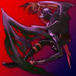  boots demon demon_wings devimon digimon digimon_adventure fangs gel_shu horns knee_boots long_arms male open_mouth red_eyes solo tattoo thigh_strap torn_wings wings 