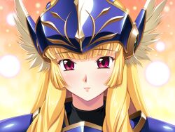 1girl armor blonde_hair blue_armor blunt_bangs blush game_asset gold_trim helmet himekishi_olivia long_hair looking_at_viewer lune_(himekishi_olivia) non-web_source official_art pauldrons portrait self-datamine shoulder_armor smile solo urotake_wakuto valkyrie variant_set violet_eyes visual_novel_cg winged_helmet wings 