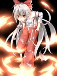  belt bow fire flask_(artist) flask_(pandora) fujiwara_no_mokou hair_bow hair_ribbon hand_in_pocket highres long_hair open_mouth pants red_eyes ribbon silver_hair solo suspenders touhou very_long_hair white_hair 