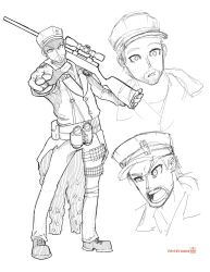 1boy commentary english_commentary facial_hair fallout fallout_4 fritzyhoho greyscale gun hat highres holding holding_gun holding_weapon jacket male_focus monochrome multiple_views open_mouth pants peaked_cap rifle robert_maccready scope shoes simple_background sniper_rifle standing stubble weapon white_background 