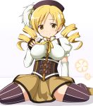  beret blonde_hair drill_hair fingerless_gloves gloves hat highres kakura_yoshiki long_hair mahou_shoujo_madoka_magica puffy_sleeves sitting smile solo thigh-highs thighhighs tomoe_mami yellow_eyes 