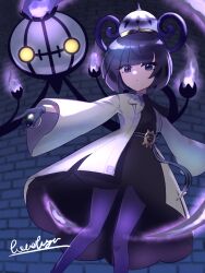  1girl belt black_dress black_hair blue_gloves blunt_bangs bob_cut chandelier chandelure closed_mouth coat commentary_request dress fire gloves gwynn_(pokemon) hat highres holding holding_poke_ball long_sleeves looking_at_viewer mega_stone multicolored_hair nest_ball o-ring o-ring_belt open_clothes open_coat pantyhose partially_fingerless_gloves poke_ball pokemon pokemon_(creature) pokemon_legends:_z-a purple_fire purple_hair purple_pantyhose short_hair towofuya violet_eyes white_coat yellow_eyes 