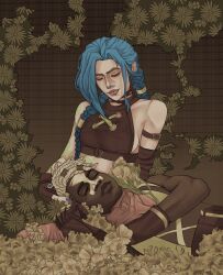  arcane:_league_of_legends black_hair blue_hair dark_skin ekko_(league_of_legends) flower flower jinx_(league_of_legends) league_of_legends timebomb witerdoe 
