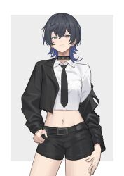 1girl absurdres alternate_costume belt black_choker black_hair black_jacket black_necktie black_shorts blue_eyes blue_hair buttons choker colored_inner_hair cropped_jacket double-breasted earrings highres hoop_earrings jacket jewelry kamitsubaki_studio koko_(kamitsubaki_studio) lightning_bolt_earrings lightning_bolt_symbol looking_at_viewer midriff multicolored_hair navel necktie neko_hiiragi shirt_overhang short_hair shorts wolf_cut 