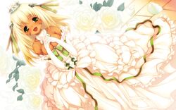  :d blonde_hair blush breasts christo_pu cleavage crown dark_skin dress dutch_angle facial_mark flower game_cg hands_clasped hitomaru open_mouth seirei_tenshou smile solo tiara wedding_dress 