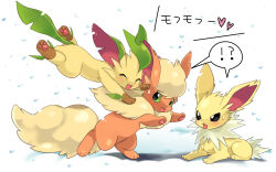  !? :3 :d ^_^ animal_focus black_eyes blush closed_eyes commentary_request flareon fluffy glomp green_eyes heart hug jolteon jumping leaf leafeon no_humans pawpads pokemon pokemon_(creature) pokemon_focus simple_background sitting smile snow snowing spoken_interrobang suppainu surprised sweatdrop translation_request white_background 