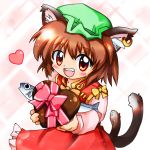  animal_ears blush bow brown_hair cat_ears cat_tail chen chocolate chocolate_heart dress earrings fish happy hat heart jewelry red_eyes ribbon short_hair solo tail teeth touhou valentine zipang 