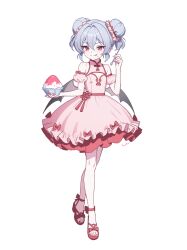  1girl :q absurdres alternate_costume alternate_hairstyle artist_name bat_wings blue_hair blush bow bowl cleavage_cutout clothing_cutout commentary_request detached_sleeves double_bun dress dress_bow fingernails flat_chest food food_on_face full_body hair_between_eyes hair_bun highres holding holding_bowl holding_spoon korean_commentary ll_0109 long_fingernails looking_at_viewer nail_polish pink_dress pointy_ears red_bow red_eyes red_nails red_sandals remilia_scarlet sandals sharp_fingernails shaved_ice simple_background sleeveless sleeveless_dress solo spoon toenail_polish toenails toes tongue tongue_out touhou white_background wings 