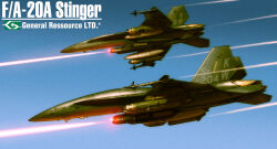  ace_combat ace_combat_3 aircraft airplane batookoma canopy_(aircraft) contrail decal f-18_hornet fictional_aircraft fighter_jet flying from_side general_resource_limited highres laser logo military military_vehicle missile motion_blur no_humans redesign science_fiction simple_background vehicle_focus vehicle_name 