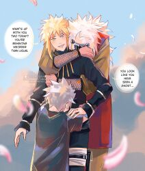 3boys artist_name blonde_hair blue_eyes english_text hatake_kakashi highres hug jiraiya_(naruto) kokodrawings male_focus messy_hair multiple_boys namikaze_minato naruto_(series) naruto_shippuuden signature smile spiky_hair teacher_and_student twitter_username white_hair 