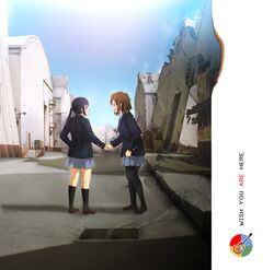  71 album_cover black_hair blazer blush brown_eyes brown_hair building closed_eyes cover debris eyes_closed hand_holding hirasawa_yui holding_hands k-on! kneehighs long_hair nakano_azusa pantyhose parody pink_floyd ruins school_uniform short_hair single_shoe skirt tears wish_you_were_here 