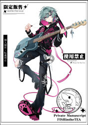  1boy 1girl absurdres ahoge animal_ears animal_hood belt black_choker black_hoodie black_pants blue_eyes boots chain character_name choker closed_mouth collarbone cowboy_shot earrings electric_guitar fake_animal_ears fishinthetea full_body genshin_impact green_hair guitar hair_between_eyes hair_ornament hairclip heart highres holding holding_instrument hood hood_up hoodie instrument jacket jewelry leg_up lohen_(genshin_impact) long_sleeves looking_at_viewer male_focus mole mole_on_cheek multicolored_eyes multicolored_hair necklace pants playing_instrument plectrum rabbit_ears rabbit_hood short_hair simple_background smile solo standing standing_on_one_leg thigh_strap torn_clothes torn_pants violet_eyes white_background x_hair_ornament y2k_fashion 