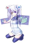  female floating_screen glados glados-tan hair_ornament heterochromia highres long_hair personification portal purple_eyes robot_girl sitting solo thigh-highs thighhighs transparent_background twintails violet_eyes white_hair yellow_eyes yunare 