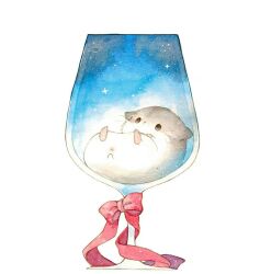  animal animal_focus bow commentary_request cup drinking_glass hamster in_container in_cup inomo_(qimoshu) no_humans original red_bow simple_background sky solo star_(sky) starry_sky white_background 
