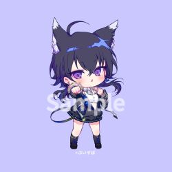  1girl ahoge animal_ear_fluff animal_ears black_hair black_jacket black_shoes blue_hair blush chibi chibi_only clenched_hands collared_shirt commentary_request copyright_name copyright_notice crop_top double-parted_bangs full_body hair_between_eyes ichinose_uruha ichinose_uruha_(4th_costume) jacket komeshiro_kasu looking_at_viewer multicolored_hair official_alternate_costume official_alternate_hairstyle official_art purple_background sample_watermark shirt shoes solo standing streaked_hair violet_eyes virtual_youtuber vspo! watermark white_shirt 