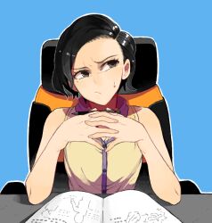  1girl bad_drawr_id bad_id black_eyes black_hair blue_background buttons chair closed_mouth elbow_rest frown holding holding_pen interlocked_fingers looking_to_the_side mole mole_under_eye notebook office_chair on_chair original own_hands_together pen shirt short_hair sitting sleeveless sleeveless_shirt solo sudeni_sokurou sweatdrop swivel_chair table upper_body yellow_shirt 