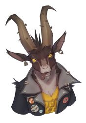  1boy absurdres animal_ears billy_(deadlock) black_jacket commentary deadlock_(game) furry furry_male goat_boy goat_ears goat_horns grey_background highres horizontal_pupils horns jacket looking_at_viewer lyonych3 male_focus nail_(hardware) shirt tongue tongue_out upper_body yellow_shirt 