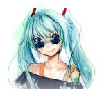  bare_shoulders blue_eyes bust face grin hatsune_miku long_hair looking_over_glasses simple_background sketch smile solo sunglasses twintails vocaloid white_background yui_7 