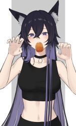  1girl absurdres alternate_costume animal_ear_fluff animal_ears black_choker black_hair blue_eyes blue_hair blush choker claw_pose colored_inner_hair crop_top earrings fox_ears gradient_hair hair_between_eyes highres hoop_earrings jewelry kamitsubaki_studio kemonomimi_mode koko_(kamitsubaki_studio) lightning_bolt_earrings lightning_bolt_symbol long_hair looking_at_viewer midriff multicolored_hair navel neko_hiiragi o-ring paw_pose single_sidelock very_long_hair 