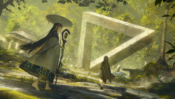  1girl 1other absurdres barefoot black_hair blonde_hair blue_eyes cape fantasy forest gyoukan_(jfxc) hat highres holding holding_staff hood hood_up hooded_cape long_hair moss multicolored_hair nature original outdoors parted_lips puffy_pants rock ruins scenery staff tree two-tone_hair walking 