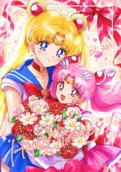  2girls birthday bishoujo_senshi_sailor_moon blonde_hair blue_eyes bouquet bow brooch chibi_usa choker cone_hair_bun double_bun elbow_gloves gloves hair_bun hair_ornament happy_birthday heart heart_brooch heart_choker highres jewelry magical_girl multiple_girls ngo_(ngo_hotategoya) parted_bangs pink_hair pink_sailor_collar red_eyes sailor_chibi_moon sailor_collar sailor_moon sailor_senshi_uniform skirt smile tsukino_usagi twintails white_gloves 
