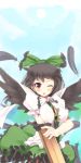  arm_cannon bad_id black_hair black_wings blush bow breasts bust feathers hair_bow highres large_breasts long_hair red_eyes reiuji_utsuho sil solo takashiru tongue touhou weapon wings wink 