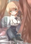  black_legwear blonde_hair blush eik0 fate/stay_night fate_(series) hair_ribbon open_mouth pantyhose pillow ribbon saber sitting skirt solo yoshizoe_eiko 