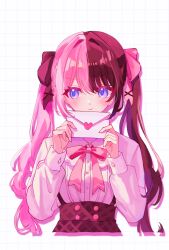  :> black_hair black_skirt blue_eyes blush bow bowtie closed_mouth commentary_request cropped_torso envelope hair_intakes high-waist_skirt highres holding holding_envelope kkrsnz0124 light_smile long_hair looking_to_the_side love_letter multicolored_hair pink_bow pink_bowtie pink_hair shirt sidelocks simple_background skirt suspender_skirt suspenders tachibana_hinano twintails two-tone_hair virtual_youtuber vspo! white_background white_shirt 