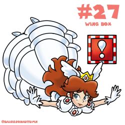  1girl blue_eyes brooch brown_hair crown dress earrings english_text flower_brooch flower_earrings frilled_gloves frills gloves gold_crown gown highres jewelry keidontlie long_hair nakaue_shigehisa_(style) pointed_crown princess princess_daisy puffy_sleeves short_sleeves simple_background solo super_mario_bros. white_background white_dress white_gloves wing_box_(mario) 