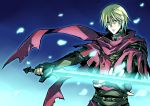  belt blonde_hair fingerless_gloves gloves glowing green_eyes makoto_(truechild) radiant_historia scarf stocke sword weapon 