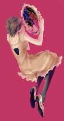 1girl black_pantyhose broken_mirror brown_hair covered_eyes different_reflection distortion dress fatal_frame fatal_frame:_mask_of_the_lunar_eclipse from_behind full_body hands_up high_heels highres holding holding_mirror looking_at_mirror looking_at_self lying maroame minazuki_ruka mirror on_side pantyhose red_background redrawn reflection shoe_soles shoes short_hair short_sleeves solo white_shoes yellow_dress 