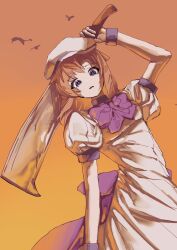  1girl arm_up back_bow bow bowtie brown_hair commentary dress gradient_background hat highres higurashi_no_naku_koro_ni holding kyoppogi looking_at_viewer medium_hair nata_(tool) orange_background puffy_short_sleeves puffy_sleeves purple_bow purple_bowtie purple_wrist_cuffs ryuuguu_rena short_sleeves solo white_dress white_hat wrist_cuffs 