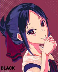  1girl artdroiiid_ii artist_name black_hair commentary english_commentary english_text folded_ponytail grin hair_ribbon highres kaguya-sama_wa_kokurasetai_~tensai-tachi_no_renai_zunousen~ looking_at_viewer parted_bangs parted_lips polka_dot polka_dot_background red_background red_eyes red_ribbon ribbon school_uniform shinomiya_kaguya shirt short_hair shuuchiin_academy_school_uniform sidelocks simple_background smile solo upper_body white_shirt 